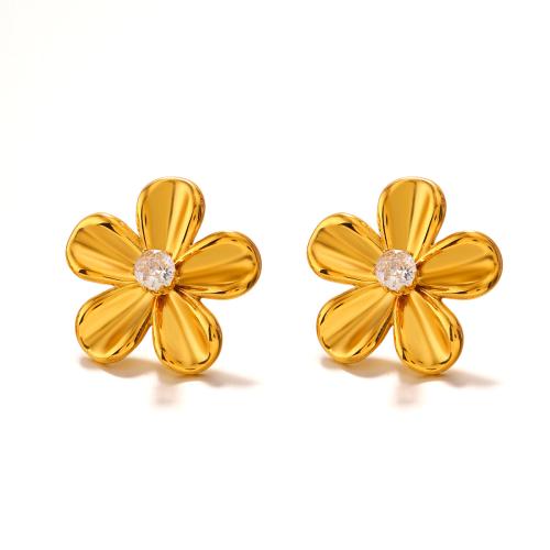 Pendientes de Acero Inoxidable, acero inoxidable 304, Flor, 18K chapado en oro, Joyería & micro arcilla de zirconia cúbica & para mujer, dorado, 25x25mm, Vendido por Par