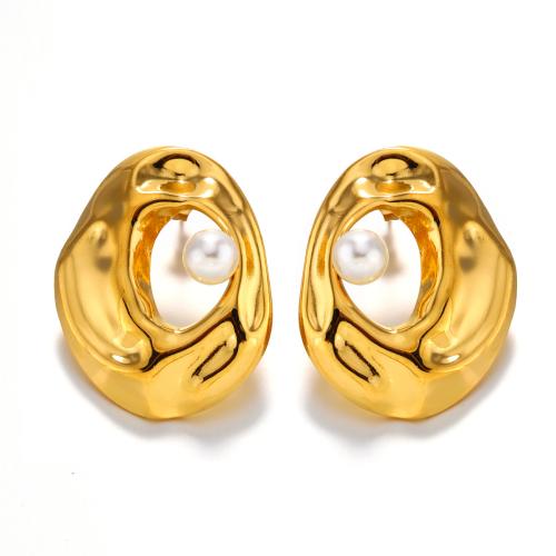 Stainless Steel Stud Earrings, 304 Stainless Steel, with Plastic Pearl, 18K gold plated, fashion jewelry & for woman, golden, 26x33mm, Sold By Pair