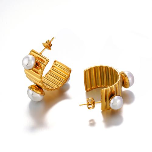 Boucle d'oreille de gaujon en acier inoxydable, Acier inoxydable 304, avec perle de plastique, Plaqué or 18K, bijoux de mode & pour femme, doré, 14x35mm, Vendu par paire