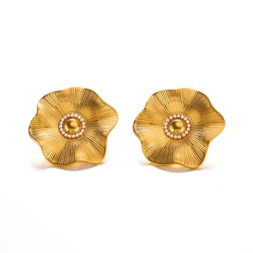 Brincos de garanhão de aço inoxidável, Aço inoxidável 304, with Concha de resina, Flor, 18K banhado a ouro, joias de moda & para mulher, dourado, 34x34mm, vendido por par