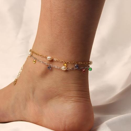 Fashion Jewelry Anklet, Titanium Steel, with Plastic Pearl, with 5cm extender chain, plated, micro pave cubic zirconia, more colors for choice, Length:20 cm, Sold By PC