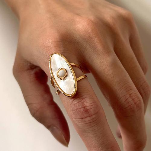 Titanium Steel Finger Ring, with White Shell & Plastic Pearl, gold color plated, fashion jewelry, golden, Sold By PC