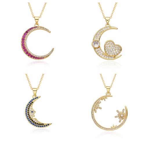 Cubic Zircon Micro Pave Brass Necklace, Moon, plated, different styles for choice & micro pave cubic zirconia & for woman, golden, Length:Approx 41-50 cm, Sold By PC