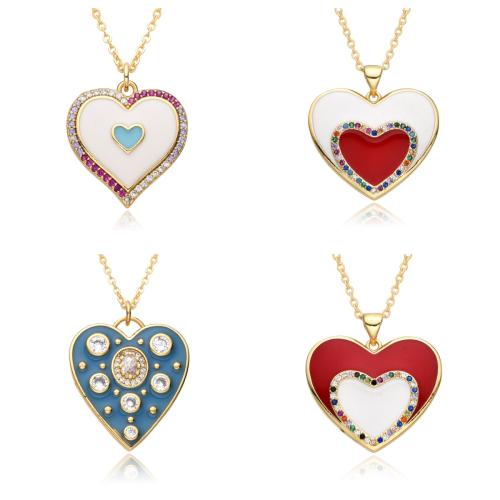 Cubic Zircon Micro Pave Brass Necklace with Acrylic Heart plated & micro pave cubic zirconia & for woman & enamel golden Length Approx 41-50 cm Sold By PC