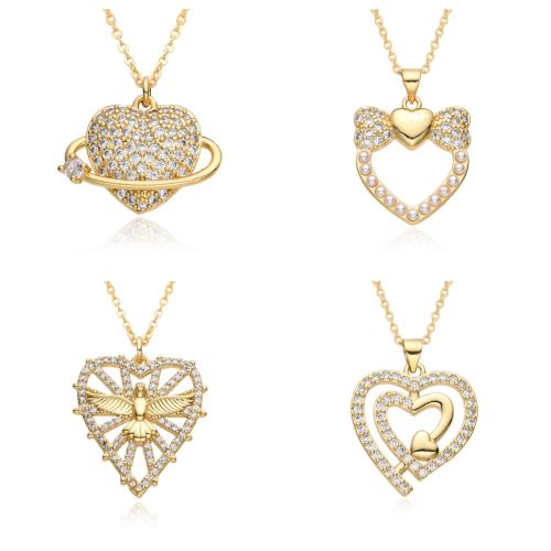 Cubic Zircon Micro Pave Brass Necklace, with Plastic Pearl, Heart, plated, different styles for choice & micro pave cubic zirconia & for woman, golden, Length:Approx 41-50 cm, Sold By PC