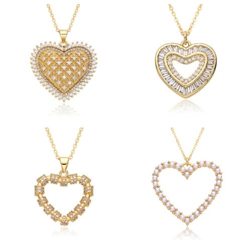 Cubic Zircon Micro Pave Brass Necklace, with Shell & Plastic Pearl, Heart, plated, different styles for choice & micro pave cubic zirconia & for woman, golden, Length:Approx 41-50 cm, Sold By PC