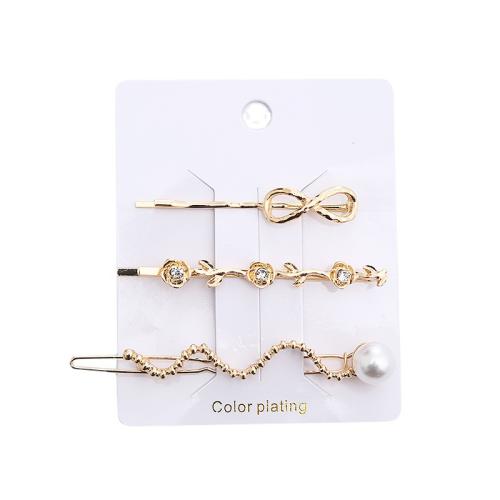 Hair Slide, Tibetan Style, with Plastic Pearl, plated, three pieces & for woman & with rhinestone, golden, Sold By Set