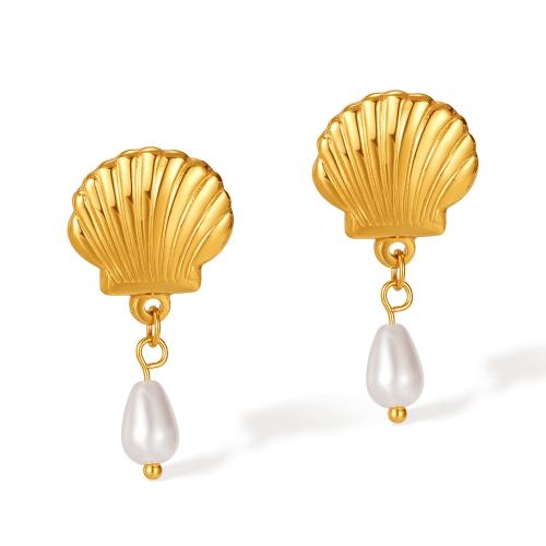 Stainless Steel Stud Earrings, 304 Stainless Steel, with Plastic Pearl, plated, for woman, golden, Sold By Pair