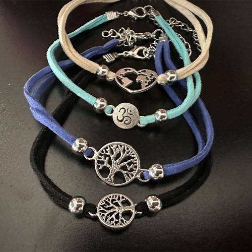 Bracelet en alliage de zinc Anneau, avec Velveteen, avec 7cm chaînes de rallonge, fait à la main, 4 pièces & unisexe, couleurs mélangées, Longueur Environ 20 cm, Vendu par fixé