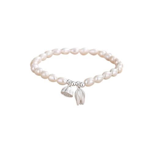 Perlas cultivadas de agua dulce Pulsera, con Plata de ley 925, Lotus, para mujer & glaseado, longitud aproximado 6.3 Inch, Vendido por UD