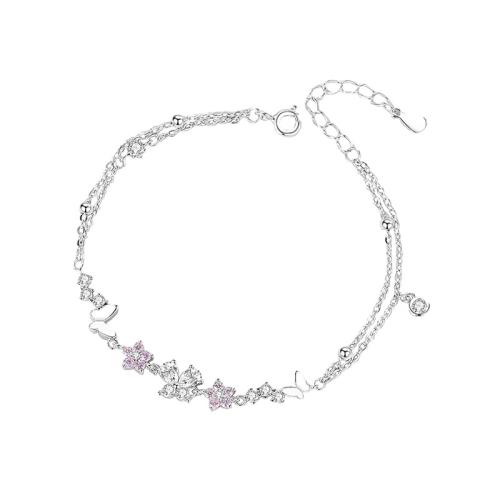 925 Sterling Silver Bracelet, with 1.2inch extender chain, Butterfly, platinum plated, micro pave cubic zirconia & for woman, Length:Approx 6.3 Inch, Sold By PC