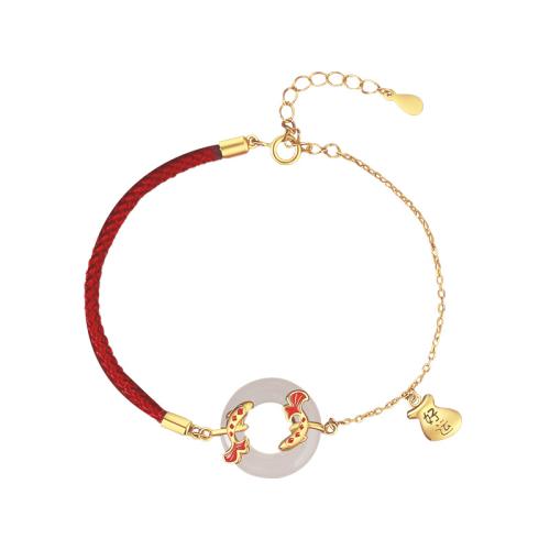 925 Sterling Silver Bracelet, with Hetian Jade & Cotton Cord, with 1.4inch extender chain, Fish, gold color plated, vintage & for woman, Length:Approx 6.3 Inch, Sold By PC