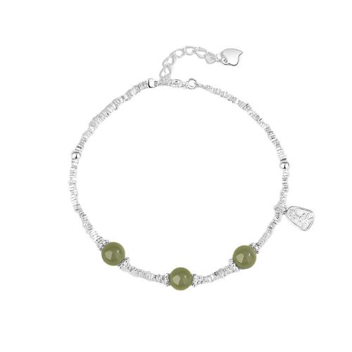 925 de prata esterlina pulseira, with Hetian Jade, with 1.2inch extender chain, platinado, joias de moda & para mulher, comprimento Aprox 6.3 inchaltura, vendido por PC