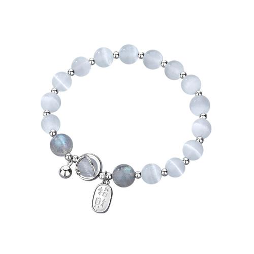 Cats Eye Bracelet with Labradorite & 925 Sterling Silver platinum plated fashion jewelry & for woman Inner Approx 60mm Sold By PC