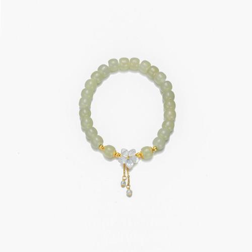 Hetian Jade bracelet, avec Argent sterling 925 & coquille blanche & perle d'eau douce cultivée, fleur, Vintage & pour femme, Longueur:Environ 6.3 pouce, Vendu par PC