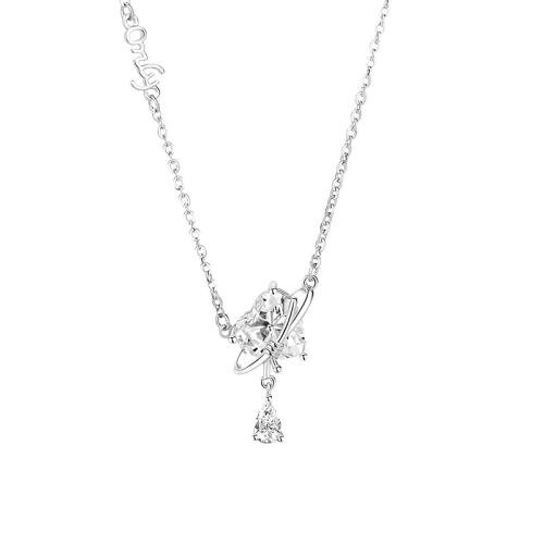 Argent sterling 925 collier, avec 2inch chaînes de rallonge, coeur, Plaqué de platine, chaîne ovale & pavé de micro zircon & pour femme, Longueur:Environ 15.7 pouce, Vendu par PC