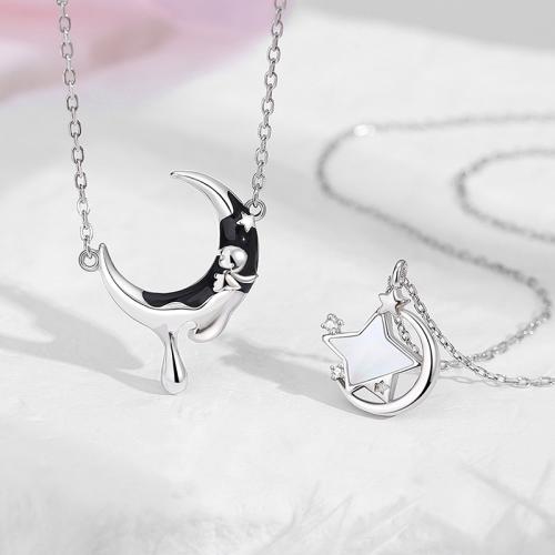 925 Sterling Silver Couple Necklace, with Shell, Moon and Star, oval chain & different styles for choice & for couple, Sold By PC