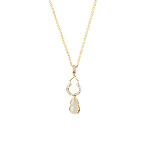 925 Sterling Silver Necklace with Hetian Jade with 2inch extender chain Calabash gold color plated oval chain & micro pave cubic zirconia & for woman & hollow Length Approx 15.7 Inch Sold By PC