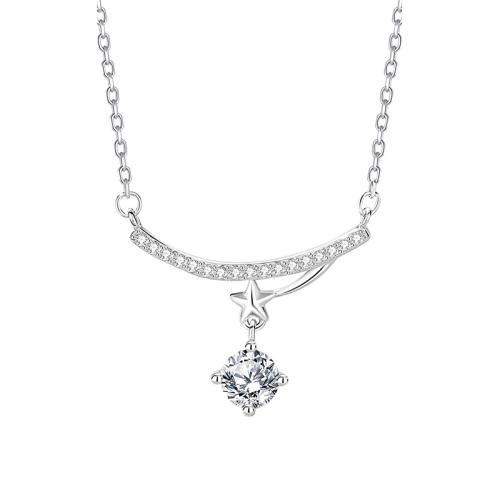 Argent sterling 925 collier, avec 2inch chaînes de rallonge, étoile, chaîne ovale & pavé de micro zircon & pour femme, Longueur:Environ 15.7 pouce, Vendu par PC