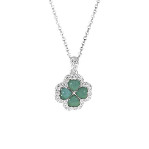 925 Sterling Silver Necklace, with Jadeite, with 2inch extender chain, Four Leaf Clover, platinum plated, oval chain & micro pave cubic zirconia & for woman, Length:Approx 15.7 Inch, Sold By PC