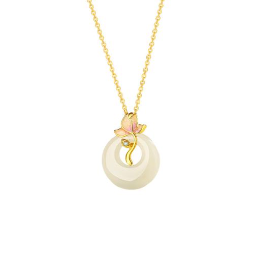 925 Sterling Silver Necklace, with Hetian Jade, with 2inch extender chain, Flower, gold color plated, oval chain & micro pave cubic zirconia & for woman, Length:Approx 15.7 Inch, Sold By PC