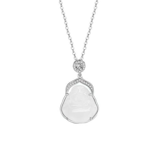 925 Sterling Silver Necklace, with White Chalcedony, with 2inch extender chain, Buddha, oval chain & micro pave cubic zirconia & for woman, more colors for choice, Length:Approx 15.7 Inch, Sold By PC