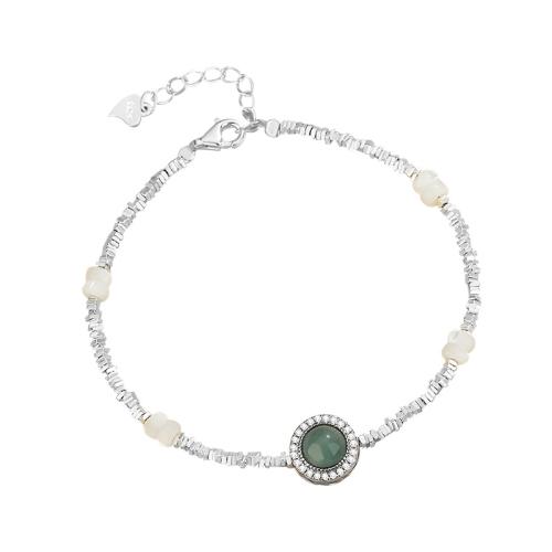 925 Sterling Silver Bracelet, with Jadeite & Shell, with 1.2inch extender chain, micro pave cubic zirconia & for woman, Length:Approx 6.3 Inch, Sold By PC