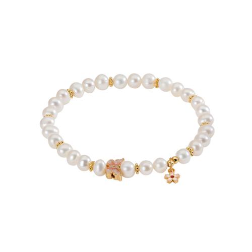 Pérolas de água doce pulseira, with 925 de prata esterlina, Borboleta, cromado de cor dourada, joias de moda & para mulher, comprimento Aprox 6.5 inchaltura, vendido por PC