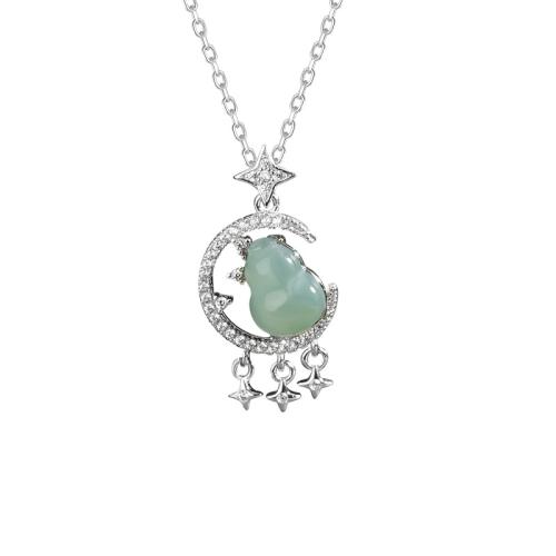 925 Sterling Silver Necklace, with Jadeite, with 2inch extender chain, Moon and Star, platinum plated, oval chain & micro pave cubic zirconia & for woman, Length:Approx 15.7 Inch, Sold By PC