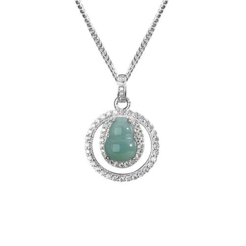 925 Sterling Silver Necklace, with Jadeite, with 2inch extender chain, platinum plated, chopin chain & micro pave cubic zirconia & for woman & hollow, Length:Approx 15.7 Inch, Sold By PC