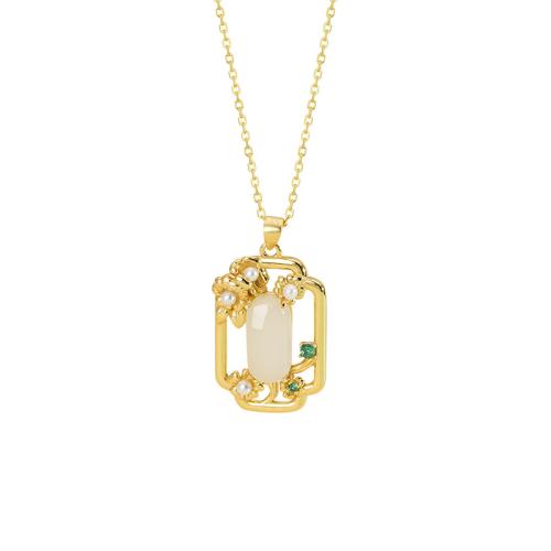 925 Sterling Silver Necklace with Hetian Jade & Plastic Pearl with 2inch extender chain Geometrical Pattern gold color plated oval chain & micro pave cubic zirconia & for woman & hollow Length Approx 15.7 Inch Sold By PC