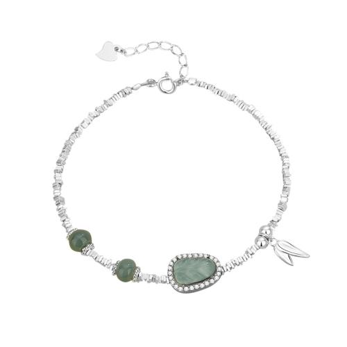 925 Sterling Silver Bracelet with Jadeite with 1.2inch extender chain Leaf micro pave cubic zirconia & for woman silver color Length Approx 6.3 Inch Sold By PC