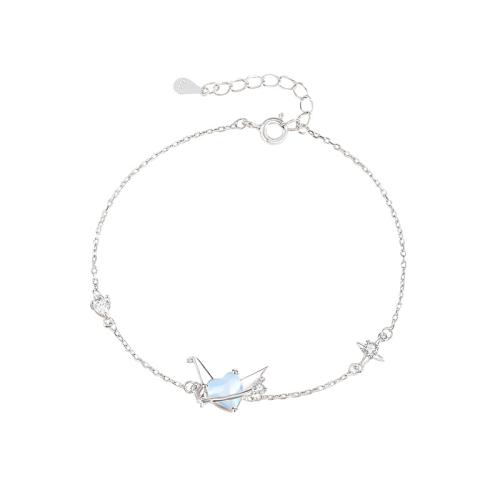 925 Sterling Silver Bracelet, with Glass, with 1.2inch extender chain, Thousand Origami Cranes, platinum plated, micro pave cubic zirconia & for woman, Length:Approx 6.5 Inch, Sold By PC