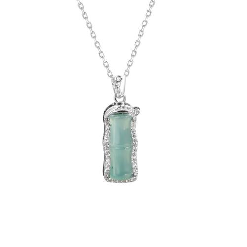 Argent sterling 925 collier, avec jade, avec 2inch chaînes de rallonge, bambou, Plaqué de platine, chaîne ovale & pavé de micro zircon & pour femme, Longueur:Environ 15.7 pouce, Vendu par PC