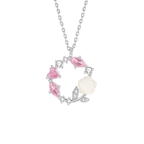 Argent sterling 925 collier, avec coquille, avec 2inch chaînes de rallonge, fleur, Plaqué de platine, chaîne ovale & pavé de micro zircon & pour femme, Longueur:Environ 15.7 pouce, Vendu par PC