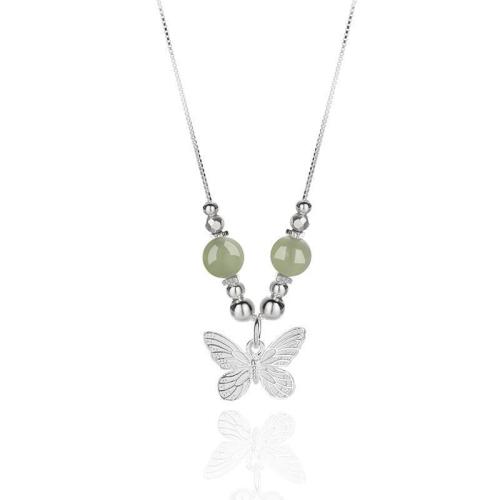 Argent sterling 925 collier, avec Hetian Jade & perle de verre, papillon, chaîne de boîte & styles différents pour le choix & pour femme, Longueur Environ 17.3 pouce, Vendu par PC