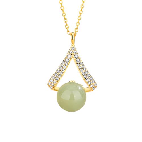 925 de prata esterlina colar, with Hetian Jade, with 2inch extender chain, Lágrima, cromado de cor dourada, cadeia oval & micro pavimento em zircônia cúbica & para mulher, comprimento Aprox 15.7 inchaltura, vendido por PC