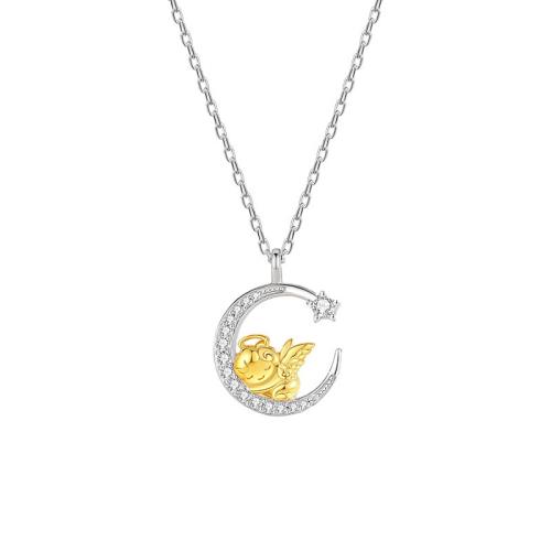 925 Sterling Silver Necklace, with 2inch extender chain, Angel, oval chain & micro pave cubic zirconia & for woman, Length:Approx 15.7 Inch, Sold By PC