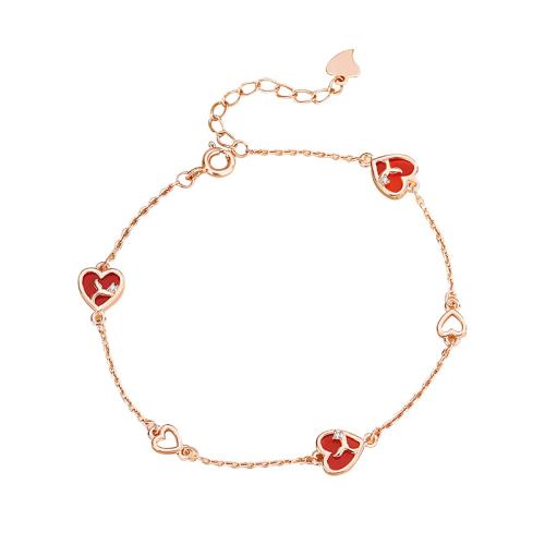 925 Sterling Silver Bracelet, with Red Agate, with 1.2inch extender chain, Heart, rose gold color plated, micro pave cubic zirconia & for woman & hollow, Length:Approx 6.3 Inch, Sold By PC