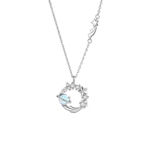 925 Sterling Silver Necklace, with Lampwork, with 2inch extender chain, platinum plated, oval chain & micro pave cubic zirconia & for woman, Length:Approx 15.7 Inch, Sold By PC