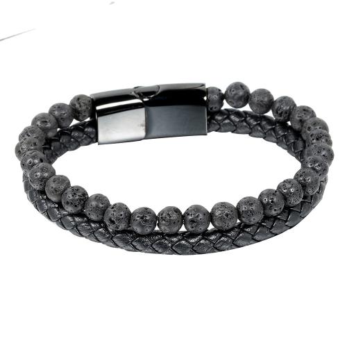 Stainless Steel Jewelry Bracelet, 304 Stainless Steel, with leather cord & Lava, Double Layer & fashion jewelry & for man, more colors for choice, Length:Approx 21 cm, Sold By PC