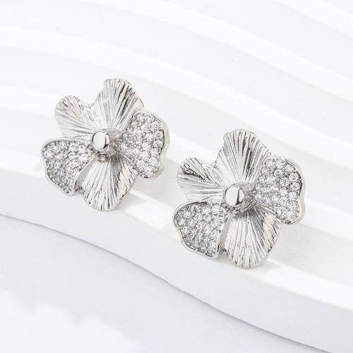 Boucles d'oreilles en laiton zircon cubique pavent, fleur, bijoux de mode & pavé de micro zircon & pour femme, 13.20mm, Vendu par paire