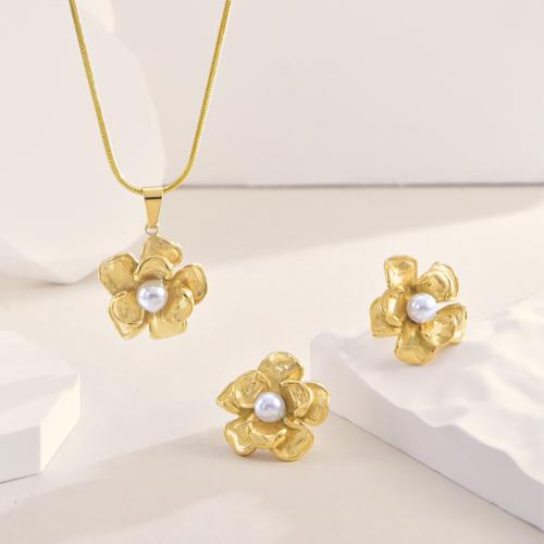 Sets de Joyas, Pendiente de stud & collar, Partículas de acero, con Perlas plásticas, Flor, chapado en color dorado, para mujer, longitud:39.5 cm, Vendido por Set