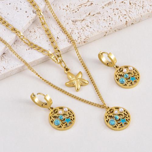 Sets de Joyas, Pendiente de stud & collar, Partículas de acero, con turquesa & Perlas plásticas, Esférico, chapado en color dorado, diferentes estilos para la opción & para mujer & esmalte, más colores para la opción, Vendido por Par