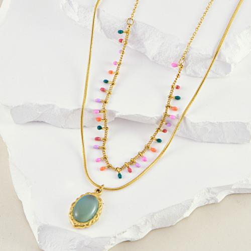 Titanium Steel Necklace, with Cats Eye, gold color plated, Double Layer & for woman & enamel, mixed colors, Sold By PC