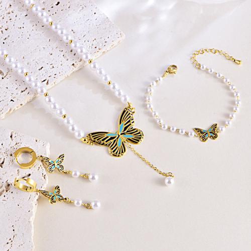 Jewelry Sets, bracelet & earring & necklace, Titanium Steel, with Plastic Pearl, Butterfly, gold color plated, different styles for choice & for woman & enamel, more colors for choice, Sold By PC