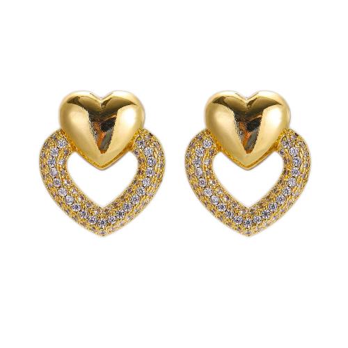 Boucles d'oreilles en laiton zircon cubique pavent, coeur, Placage, pavé de micro zircon & pour femme, plus de couleurs à choisir, protéger l'environnement, sans nickel, plomb et cadmium, Vendu par paire