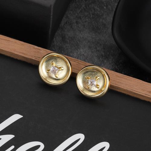 Boucles d'oreilles en laiton zircon cubique pavent, Rond, Placage de couleur d'or, pavé de micro zircon & pour femme, protéger l'environnement, sans nickel, plomb et cadmium, Vendu par paire