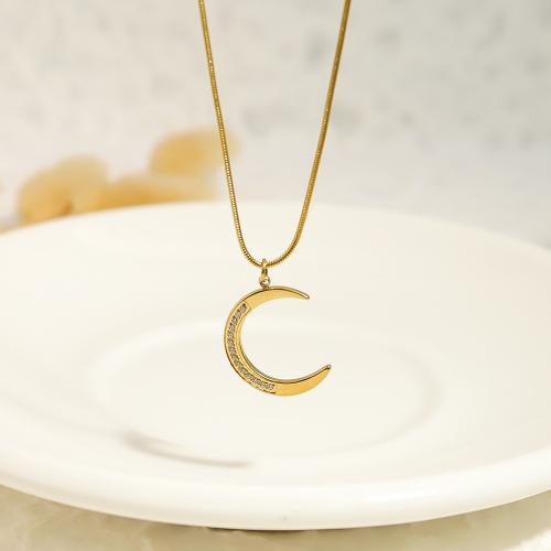 Titanium Steel Necklace, with 5.5cm extender chain, Moon, gold color plated, fashion jewelry & with rhinestone, golden, 15x21mm, Length:41 cm, Sold By PC