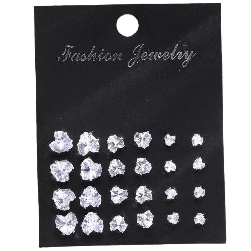 Tibetan Style Stud Earring, with Cubic Zirconia, Heart, 12 pieces & fashion jewelry & for woman, Sold By Set